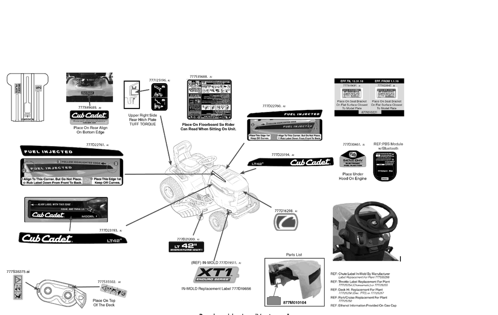 Label Map Diagram and Parts List for XT1-LT42EFI (13B9A1CS010)(2019) Cub Cadet Lawn Tractor